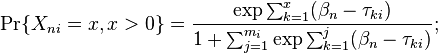 
\Pr \{X_{ni}=x, x>0\} =\frac{\exp{{\sum_{k=1}^x (\beta_n} - {\tau_{ki}})}}{1+ \sum_{j=1}^{m_i} \exp{{\sum_{k=1}^j (\beta_n} - {\tau_{ki}})}} ;
