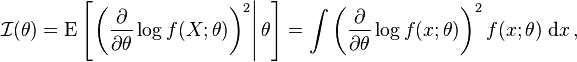 
\mathcal{I}(\theta)=\operatorname{E} \left[\left. \left(\frac{\partial}{\partial\theta} \log f(X;\theta)\right)^2\right|\theta \right] = \int \left(\frac{\partial}{\partial\theta} \log f(x;\theta)\right)^2 f(x; \theta)\; \mathrm{d}x\,,
