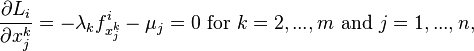 \frac{\partial L_i}{\partial x_j^k} = -\lambda_k f_{x^k_j}^i-\mu_j=0 \  \text{for }k= 2,...,m \text{ and }j=1,...,n,