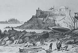 Historic 1827 illustration of Castle Hill in Old Sitka, which later became the American Flag Raising Site, an imposiong fortification on a hill overlooking the water and Tlingit areas.