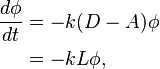 
\begin{align}
\frac{d \phi}{d t} & = -k(D-A)\phi \\
& = -k L \phi,
\end{align}
