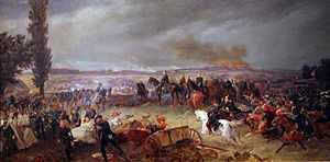 An oil painting of a battlefield, with several mounted cavalry in black; an indistinct city burning on the horizon.