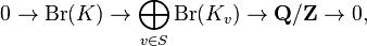  0\rightarrow \textrm{Br}(K)\rightarrow \bigoplus_{v\in S} \textrm{Br}(K_v)\rightarrow \mathbf{Q}/\mathbf{Z} \rightarrow 0,