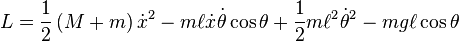 
L = \frac{1}{2} \left(M+m \right ) \dot x^2 -m \ell \dot x \dot\theta\cos\theta + \frac{1}{2} m \ell^2 \dot \theta^2-m g \ell\cos \theta
