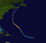 A track starts far to the right of some islands, curves above them, passes left of a small island, and hits some larger land.