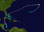 A track starts in the lowest part of a sea, goes straight up, and hits a large island. It curves to the right, passing between the large island and another large land mass. It hits some islands. It later hits another small island in the open ocean. It then curves downward and to the left. It ends.