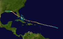 A track begins to the right of some islands. It goes to the left. It passes above the islands, goes over some other small islands, and then hits the lowest point of a larger land mass. It moves over the rightmost part of some water, curves more to the left, and hits larger land areas again.