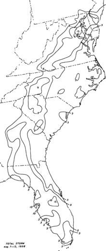 Black and white contoured map showing rainfall amounts as contours, in 3 in (75 mm) increments from 3 in (75 mm) to 15 in (380 mm).