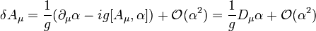  \delta A_\mu = \frac{1}{g} ( \partial_\mu \alpha - ig [A_\mu,\alpha] ) + \mathcal{O}(\alpha^2) = \frac{1}{g} D_\mu \alpha + \mathcal{O}(\alpha^2)