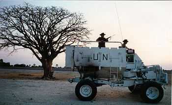Photograph of field engineers from 14th Field Troop on patrol in Owamboland in a Buffel mine-protected vehicle