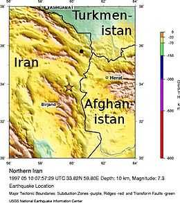 The earthquake's epicenter is shown in northeastern Iran. Just next to the earthquake is a mountain ridge. To the west is the Afghan border.