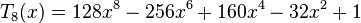  T_8(x) = 128x^8 - 256x^6 + 160x^4 - 32x^2 + 1 \,