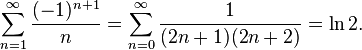 \sum_{n=1}^\infty \frac{(-1)^{n+1}}{n} = \sum_{n=0}^\infty \frac{1}{(2n+1)(2n+2)} = \ln 2.