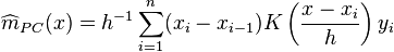 
\widehat{m}_{PC}(x) = h^{-1} \sum_{i=1}^n (x_i - x_{i-1}) K\left(\frac{x-x_i}{h}\right) y_i
