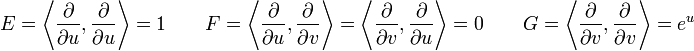 E = \left\langle \frac{\partial}{\partial u}, \frac{\partial}{\partial u} \right\rangle = 1 \qquad F = \left\langle \frac{\partial}{\partial u}, \frac{\partial}{\partial v} \right\rangle = \left\langle \frac{\partial}{\partial v}, \frac{\partial}{\partial u} \right\rangle = 0 \qquad G = \left\langle \frac{\partial}{\partial v}, \frac{\partial}{\partial v} \right\rangle = e^{u} 