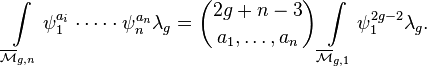 \int\limits_{\overline{\mathcal M}_{g, n}} \psi_1^{a_i} \cdot \dots \cdot \psi_n^{a_n}\lambda_g = \binom{2g + n - 3}{a_1, \dots, a_n} \int\limits_{\overline{\mathcal M}_{g, 1}} \psi_1^{2g - 2}\lambda_g.