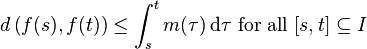 d \left( f(s), f(t) \right) \leq \int_{s}^{t} m(\tau) \, \mathrm{d} \tau \mbox{ for all } [s, t] \subseteq I