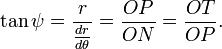 \tan\psi=\frac{r}{\tfrac{dr}{d\theta}}=\frac{OP}{ON}=\frac{OT}{OP}.