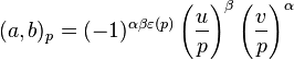 (a,b)_p = (-1)^{\alpha\beta\varepsilon(p)} \left(\frac{u}{p}\right)^\beta \left(\frac{v}{p}\right)^\alpha