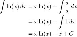 
\begin{align}
\int \ln (x) \,dx & = x \ln (x) - \int \frac{x}{x} \,dx \\
& = x \ln (x) - \int 1 \,dx \\
& = x \ln (x) - x + C
\end{align}
