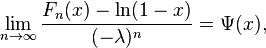 \lim_{n \to \infty}\frac{F_n(x) - \ln(1 - x)}{(-\lambda)^n} = \Psi(x),