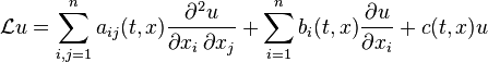 \mathcal{L}u=\sum_{i,j=1}^n a_{ij}(t,x)\frac{\partial^2 u}{\partial x_i\,\partial x_j}+\sum_{i=1}^n b_i(t,x)\frac{\partial u}{\partial x_i} + c(t,x)u