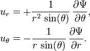 
  \begin{align}
  u_r      &= + \frac{1}{r^2\, \sin(\theta)}\, \frac{\partial \Psi}{\partial \theta},
  \\
  u_\theta &= - \frac{1}{r\, \sin(\theta)}\, \frac{\partial \Psi}{\partial r}.
  \end{align}
