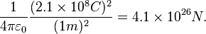  {1 \over 4\pi\varepsilon_0}\frac{(2.1 \times 10^{8} C)^2}{(1 m)^2} = 4.1 \times 10^{26} N.