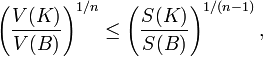 \left( \frac{V(K)}{V(B)} \right)^{1 / n} \leq \left( \frac{S(K)}{S(B)} \right)^{1 / (n - 1)},