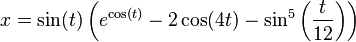 x = \sin(t) \left(e^{\cos(t)} - 2\cos(4t) - \sin^5\left({t \over 12}\right)\right)