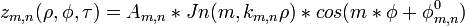 z_{m,n}(\rho,\phi,\tau)=A_{m,n}*Jn(m, k_{m,n} \rho) * cos (m*\phi + \phi_{m,n}^0)