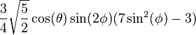 \frac{3}{4}\sqrt{\frac{5}{2}}\cos(\theta)\sin(2\phi)(7\sin^2(\phi)-3)