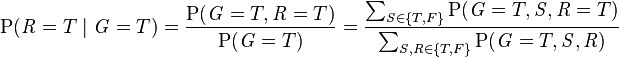 
\mathrm P(\mathit{R}=T \mid \mathit{G}=T)

=\frac{
  \mathrm P(\mathit{G}=T,\mathit{R}=T)
}
{
  \mathrm P(\mathit{G}=T)
}

=\frac{
  \sum_{\mathit{S} \in \{T, F\}}\mathrm P(\mathit{G}=T,\mathit{S},\mathit{R}=T)
}
{
  \sum_{\mathit{S}, \mathit{R} \in \{T, F\}} \mathrm P(\mathit{G}=T,\mathit{S},\mathit{R})
}
