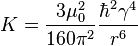 K=\frac{3\mu_0^2}{160\pi^2}\frac{\hbar^2\gamma^4}{r^6}