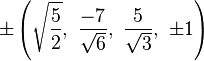 \pm\left(\sqrt{\frac{5}{2}},\ \frac{-7}{\sqrt{6}},\ \frac{5}{\sqrt{3}},\ \pm1\right)