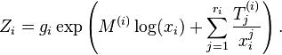 Z_i = g_i \exp\left(M^{(i)} \log(x_i)+\sum_{j=1}^{r_i}\frac{T^{(i)}_j}{x_i^{j}}\right).