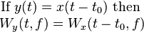 \begin{matrix}\text{If } y(t)=x(t-t_0)\text{ then }
\\ W_y(t,f)=W_x(t-t_0,f) \end{matrix}