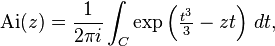 \mathrm{Ai}(z) = \frac{1}{2\pi i} \int_{C} \exp\left(\tfrac{t^3}{3} - zt\right)\, dt,