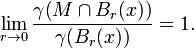 \lim_{r \to 0} \frac{\gamma \big( M \cap B_{r} (x) \big)}{\gamma \big( B_{r} (x) \big)} = 1.