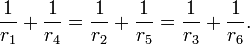 \frac{1}{r_1}+\frac{1}{r_4}=\frac{1}{r_2}+\frac{1}{r_5}=\frac{1}{r_3}+\frac{1}{r_6}.