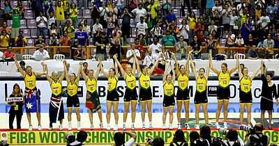 A photograph of the Australian National women's basketball team which won the 2006 FIBA World Championship for Women in basketball