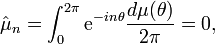 \hat\mu_n=\int_0^{2\pi}{\rm e}^{-in\theta}\frac{d\mu(\theta)}{2\pi}=0,\ 