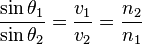 \frac{\sin\theta_1}{\sin\theta_2} = \frac{v_1}{v_2} = \frac{n_2}{n_1}