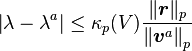  \left |\lambda-\lambda^a \right |\leq \kappa_p (V)\frac{\|\boldsymbol{r}\|_p}{\left \|\boldsymbol{v}^a \right \|_p}