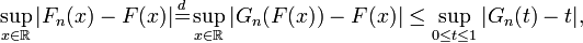 
    \sup_{x\in\mathbb R} |F_n(x) - F(x)|\stackrel{d}{=} \sup_{x \in \mathbb R} | G_n (F(x)) - F(x) | \le \sup_{0 \le t \le 1} | G_n (t) -t | ,
  