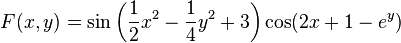 F(x,y)=\sin\left(\frac{1}{2} x^2 - \frac{1}{4} y^2 + 3 \right) \cos(2 x+1-e^y)