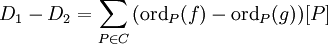 D_1 - D_2 = \sum_{P \in C}{(\mathrm{ord}_{P}(f) - \mathrm{ord}_P(g))[P]}