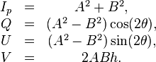 
\begin{matrix}
I_p & = & A^2 + B^2, \\
Q & = & (A^2-B^2)\cos(2\theta), \\
U & = & (A^2-B^2)\sin(2\theta), \\
V & = & 2ABh. \\
\end{matrix}
