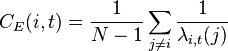 C_E(i,t) = \frac{1}{N-1}\sum_{j\not=i}{\frac{1}{\lambda_{i,t}(j)}}