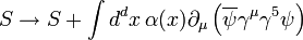 S\to S + \int d^dx \,\alpha(x)\partial_\mu\left(\overline{\psi}\gamma^\mu\gamma^5\psi\right)